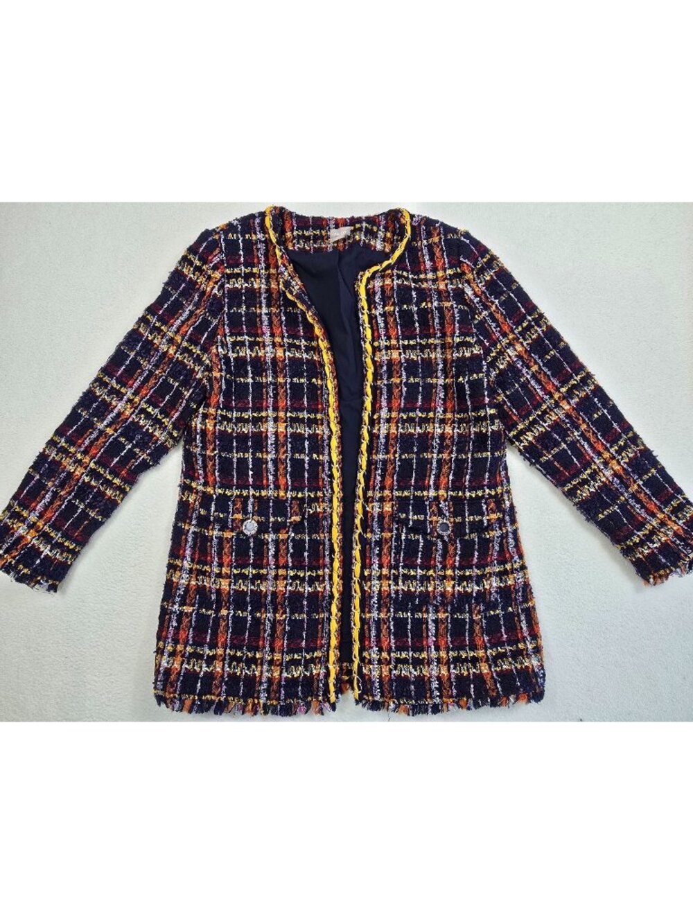 Chicos Size 1 Medium Navy Blue Plaid Tweed Open Front Jacket